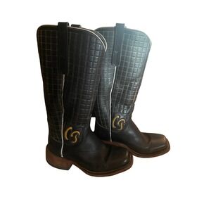 LN Custom Handmade Kids Black Leather Cowboy Boots Yellow Stitch Square Toe Sz 7